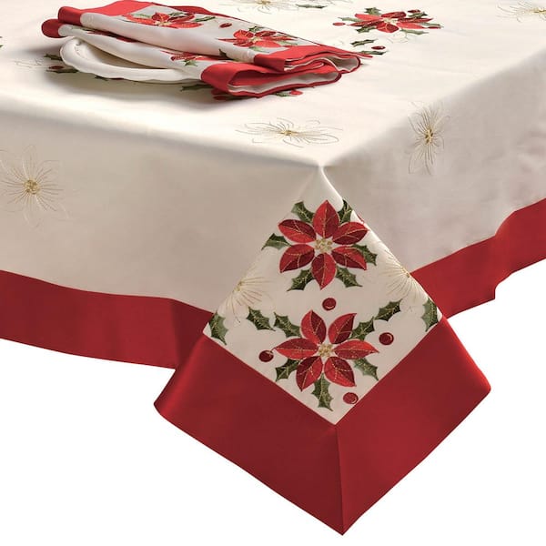 CHI Holiday Embroidered Poinsettia Square 36 in. Tablecloth Topper with Red Trim Border