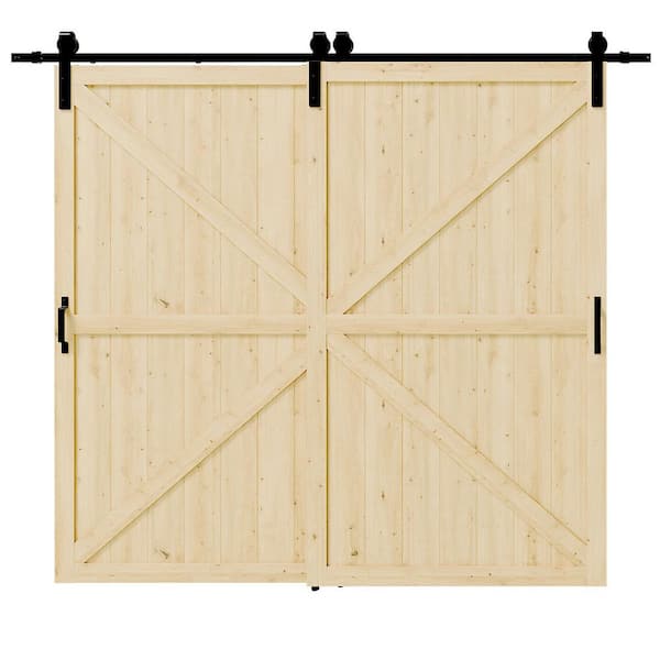 96 in. x 84 in. Light Brown Painted Water Proof and MDF Double K-Shaped Sliding Barn Door with Hardware Kit