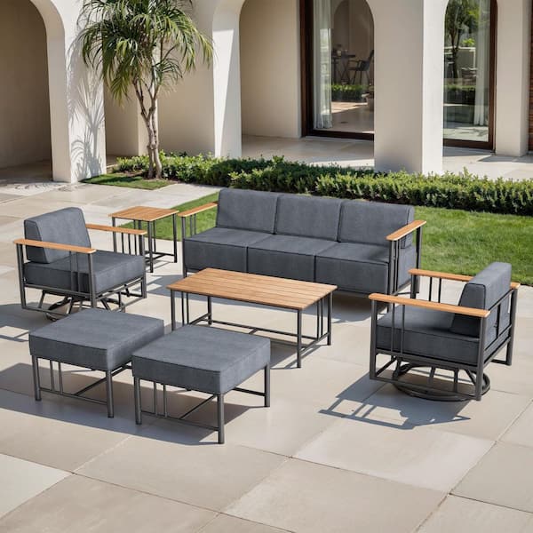 Puffin 7-Piece Black Metal Patio Conversation Set with Sofa, Gliders, and 10 in. Thick Dark Gray Olefin Cushions
