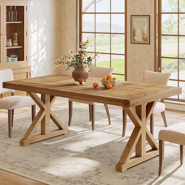 BYBLIGHT Brown Solid Wood 63 in. Rectangle Pedestal Base Dining Table ...