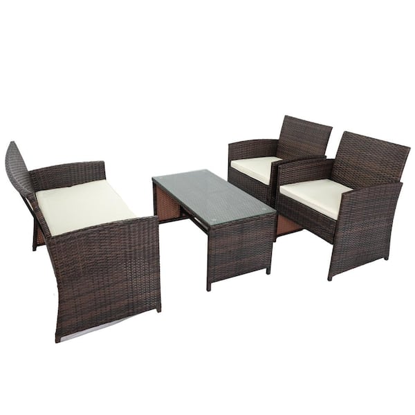 URTR 4-Piece PE Rattan Wicker Patio Conversation Set Outdoor Balcony Sofa Set 1 table and 3 Armchairs with Beige Cushion