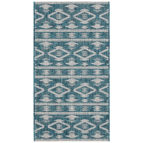 Courtyard Teal/Gray 3 ft. x 5 ft. Geometric Striped Diamond Indoor/Outdoor Area Rug