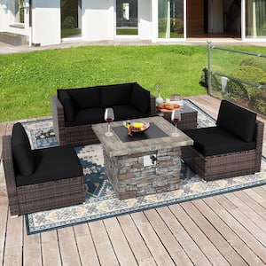 6 -Piece Wicker Patio Conversation Set 34.5 in. Fire Pit Table with Cover Black Cushions