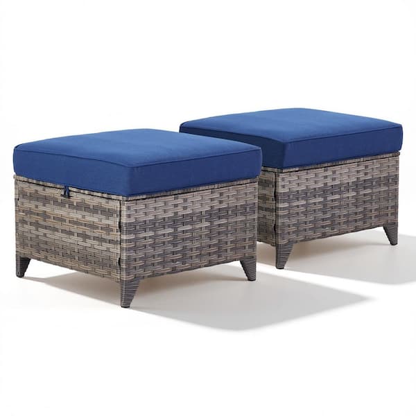 Halara 2-Piece Gray Wicker Outdoor Ottoman, Steel Frame All Weather Patio Footrest Seat with Removable Blue Cushions