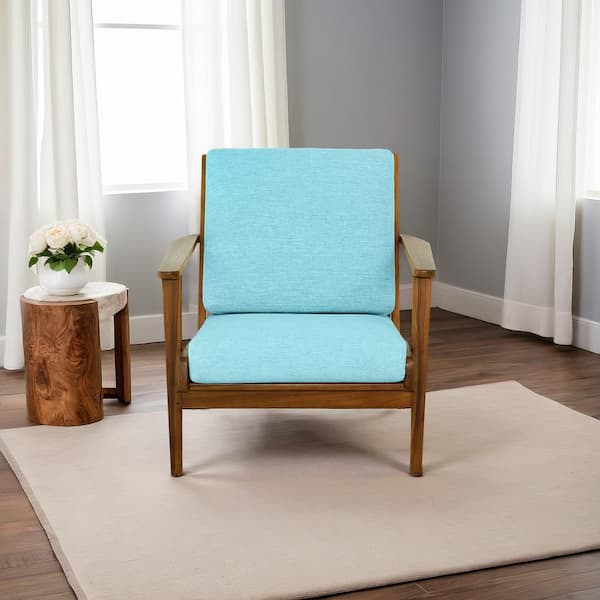 Kalley Mid-Century Modern Cushion Back Solid Wood Armchair in Sky Blue Linen