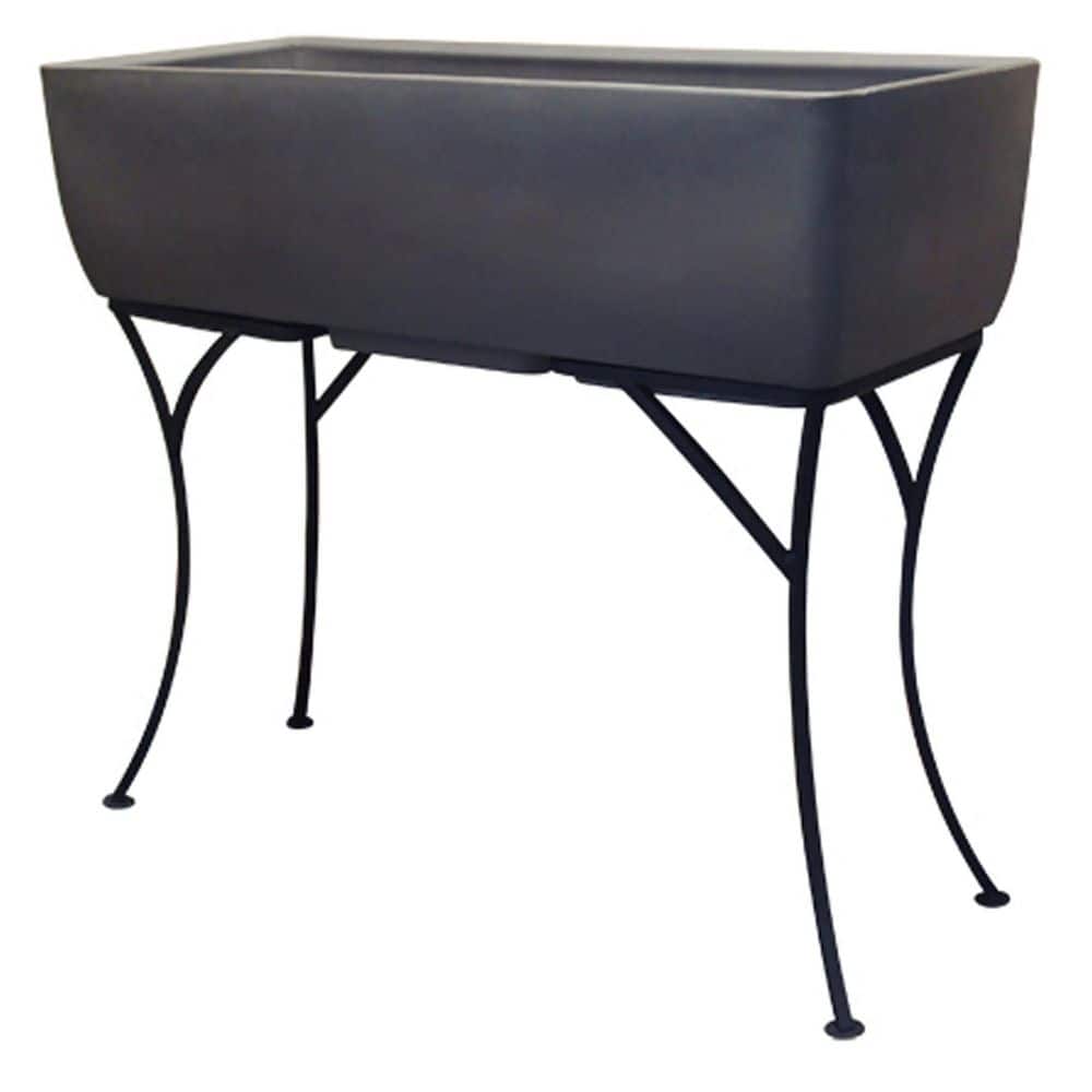 Graphite Polyethylene Rectangular Planter with Wrought Iron Stand