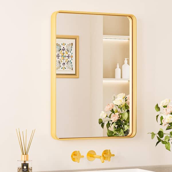 KeonJinn 16 in. W x 24 in. H Modern Rectangular Aluminum Framed Wall Bathroom Vanity Mirror in Brushed Gold