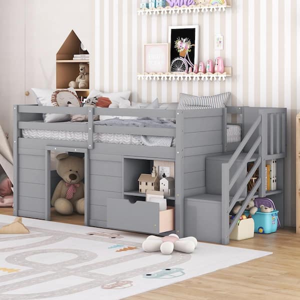 Harper & Bright Designs Gray Twin Size Wood Low Loft Bed with Stair, Drawer and Shelf