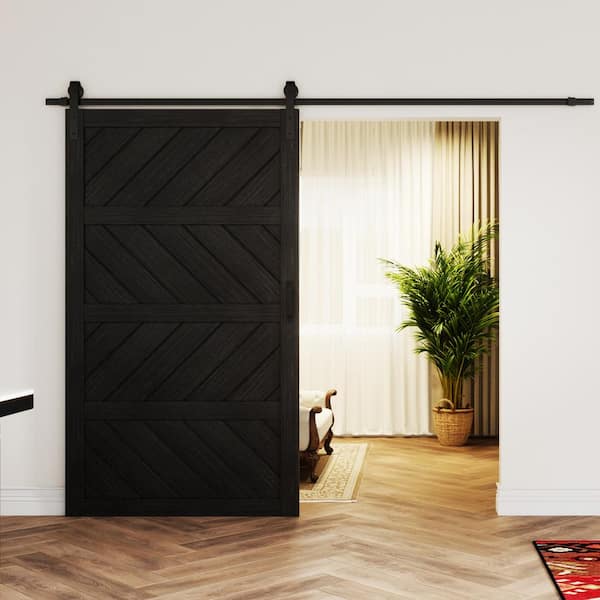 48 in. x 84 in. Black, MDF, 4 Panel Paneled Wood Wave Water-Proof PVC Surface Sliding Barn Door with Hardware Kit