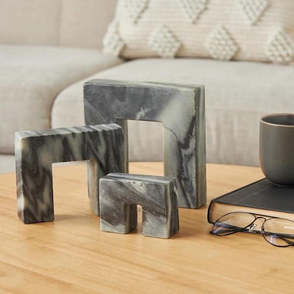 Litton Lane Black Marble Square Abstract Sculpture (Set of 3)