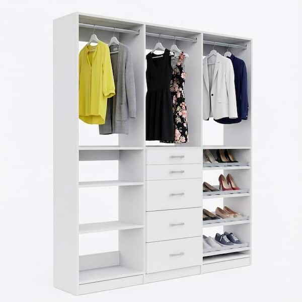 Alto Collection 66 in. W White Wall Mounted Hang w Shelves, 5-Drawer w Hang, Hang w Shoe Shelves Wood Closet System