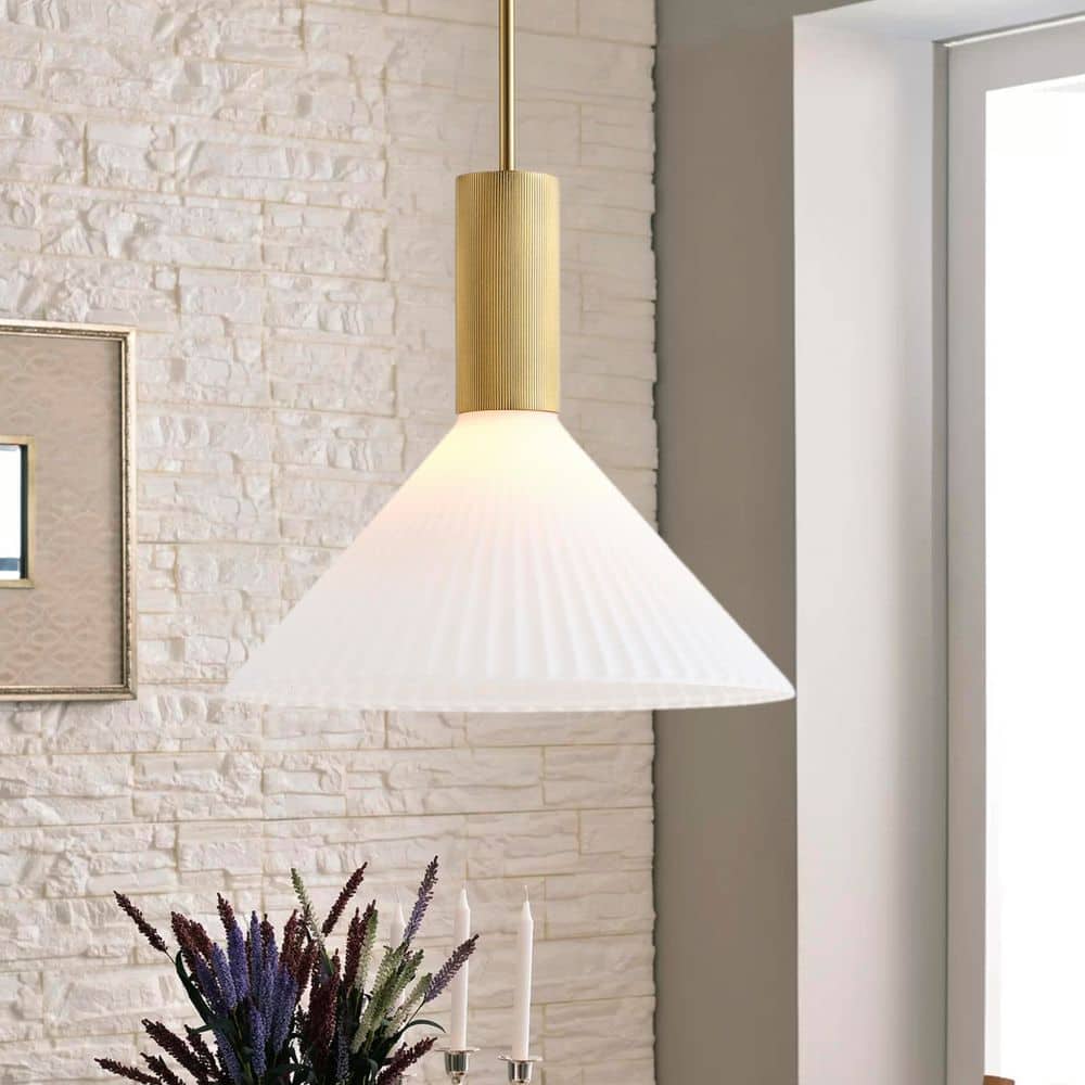 15.94 in. 1-Light 60-Watt Vintage Pleated Pendant Light Brass Hanging Light Fixture with Milk Glass Shade price history on PriceWatchPro