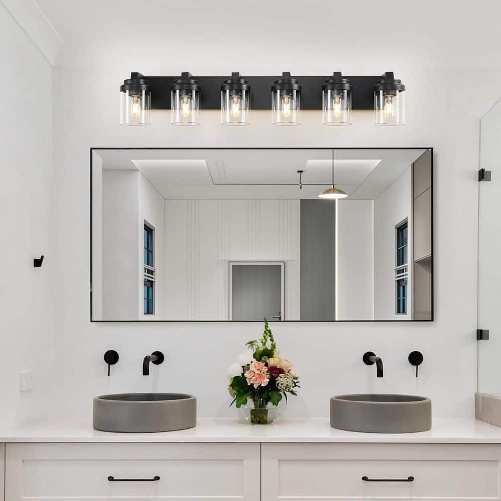 38 in. 6-Light Matte Black Bathroom Vanity Wall Sconce with Clear Glass Shades for Over Mirror Lighting, No Bulbs price history on PriceWatchPro