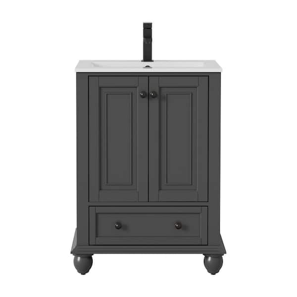 24 in. W. x 18.1 in. D x 34 in. H 1-Sink Freestanding Bath Vanity in Gray with White Ceramic Top and Drain Faucet Set