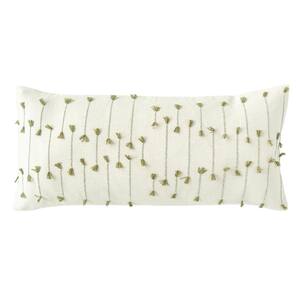 White with Green Accents Handwoven Lumbar 36 in. x 16 in. Throw Pillow
