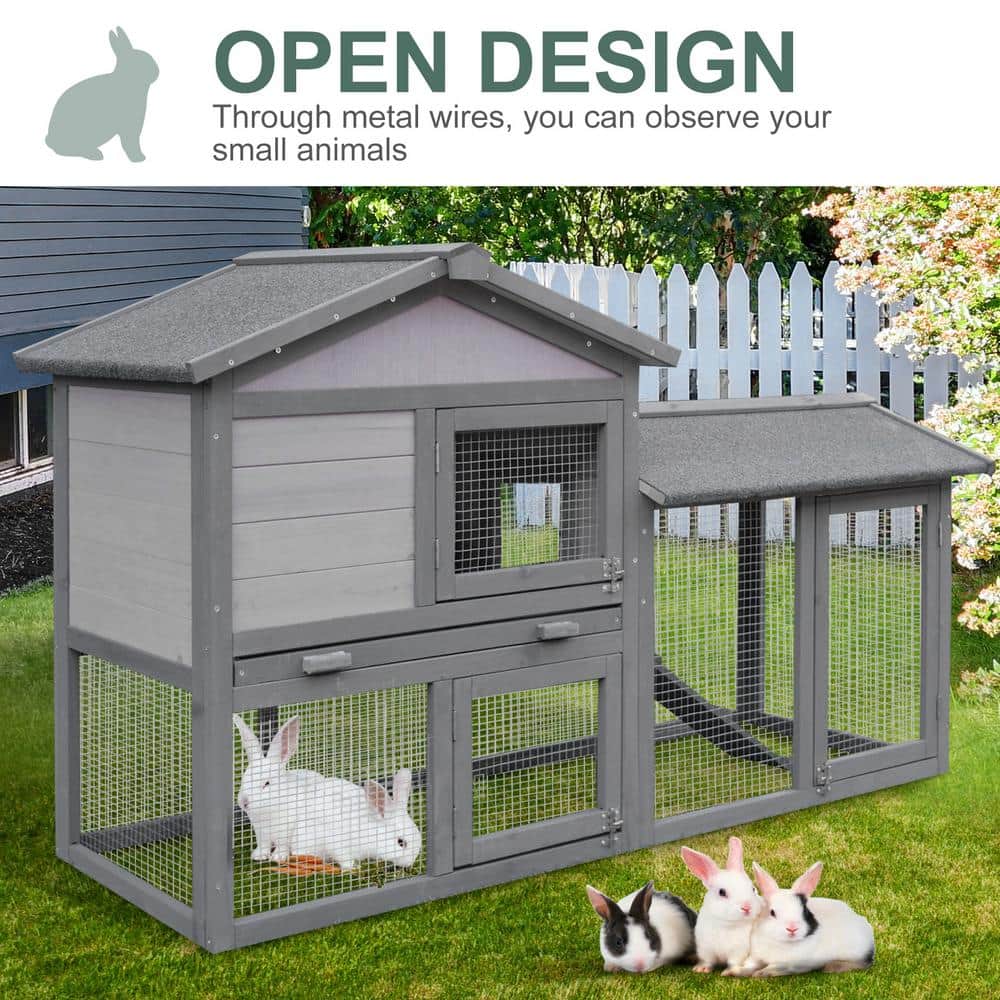 Dark Gray and White Wooden Guinea Pig Hutch with Run