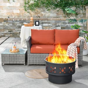 Hanes A Gray 4-Piece Wicker Patio Outdoor Wood Burning Fire Pit Loveseats Sofa Set with Orange Red Cushions