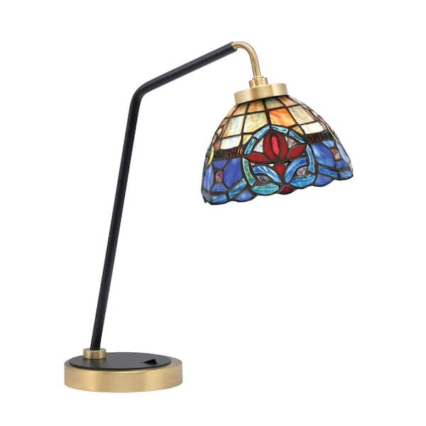 Unbranded Delgado 16.5 in. Matte Black & New Age Brass Desk Lamp with Sierra Art Glass