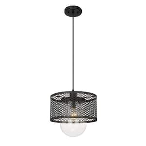 Kipton 11 in. 1-Light Cage Pendant Matte Black with Clear Glass Shade