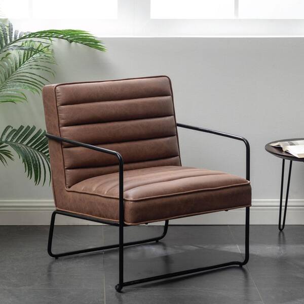 Eluxury Brown Faux Leather Horizontal Channel Cushion Chair With Metal Arms And Legs Hac037 Fl01 Ch Eluxury Brown Faux Leather Horizontal, Brown Faux Leather Chair Cover