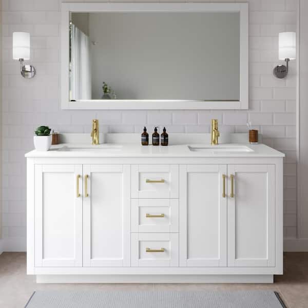 Wyndham Collection Miranda 66 in. W x 22 in. D x 33.75 in. H Double Bath Vanity in White with White Quartz Top and 58 in. Mirror