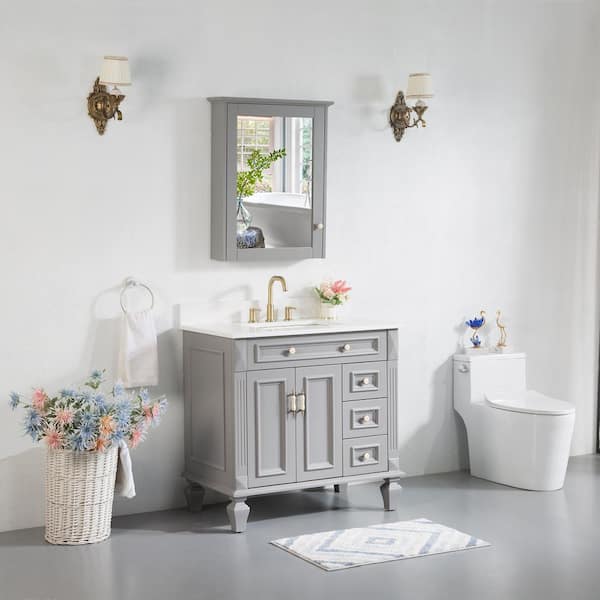 ANGELES HOME 36 in. W x 22 in. D x 35 in. H Single Sink Freestanding Bathroom Vanity Medicine Cabinet in Grey with White Quartz Top