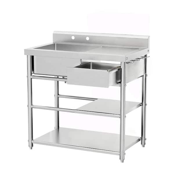 39 in. Freestanding Stainless Steel Single Bowl Sink Laundry/Utility Sink in Silver with Shelves and Hanging Hooks
