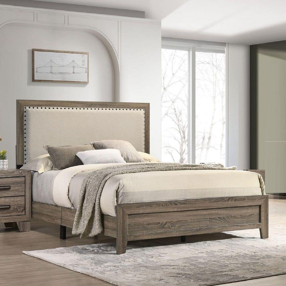 Julia Gray Wood Frame King Size Platform Bed with Fabric Upholstered Headboard, Tufted Nailhead Trim price history on PriceWatchPro