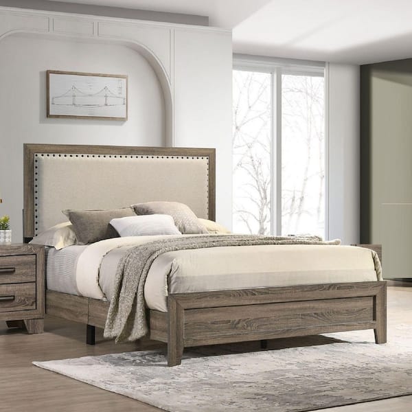 Julia Gray Wood Frame King Size Platform Bed with Fabric Upholstered Headboard, Tufted Nailhead Trim