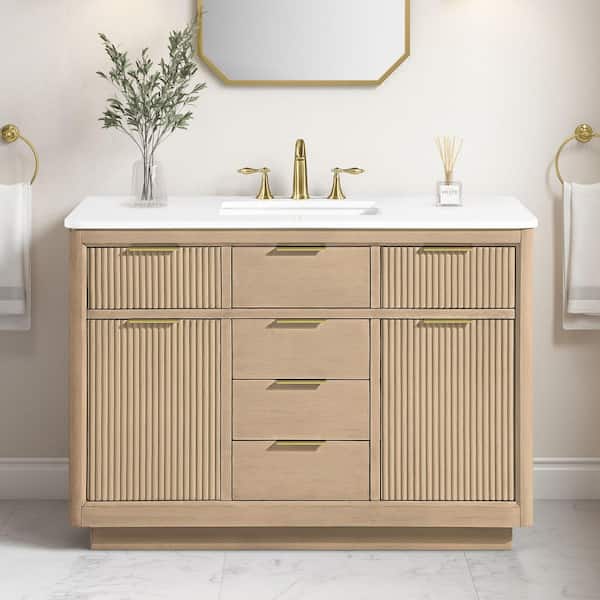 Xander 48 in. Freestanding Sahara Birch Bath Vanity with White Engineered Stone Top and Brushed Nickel Hardware
