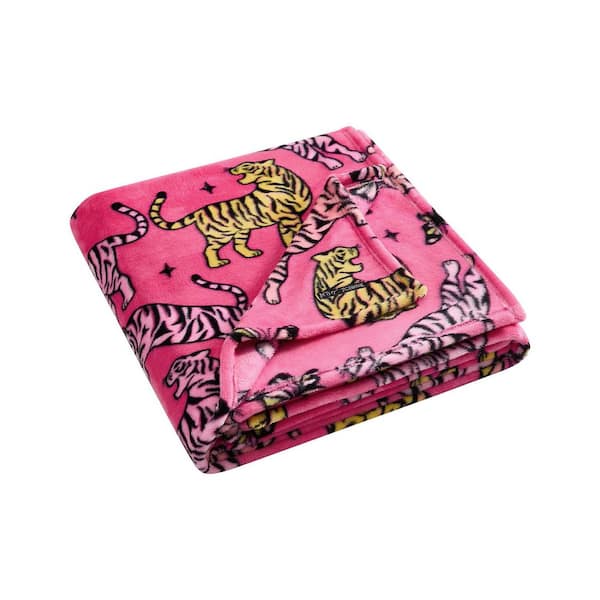 Butterfly Tiger 1-Piece Hot Pink/Purple/Orange Plush Fleece 60 x 70 Throw Blanket