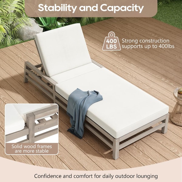 JPJPUU Gray Wood Outdoor Lounge Chair with Beige Cushions for