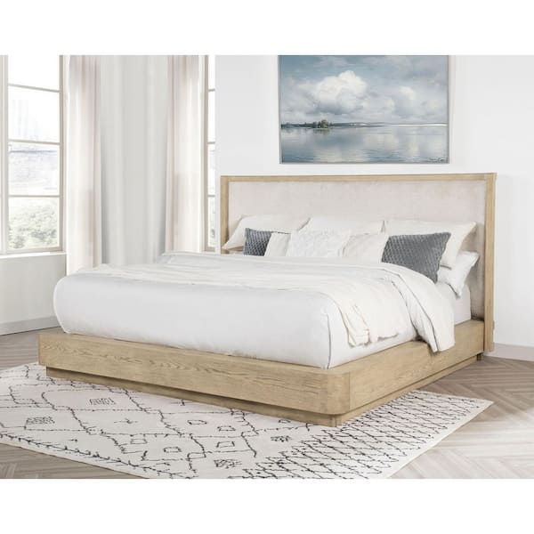 Coaster Kailani Beige Oak Wood Frame Queen Platform Bed with Upholstered Wingback Headboard