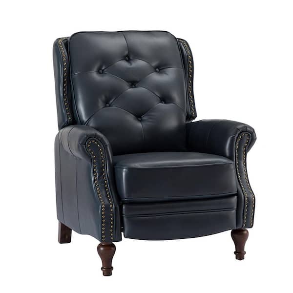 JAYDEN CREATION Melantho Navy Genuine Leather Manual Recliner with Solid Wood Legs