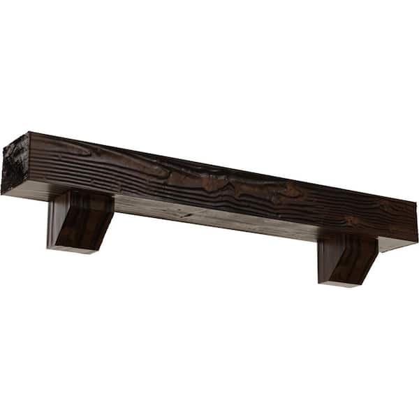 Ekena Millwork 4 in. x 6 in. x 5 ft. Sandblasted Faux Wood Beam Fireplace Mantel Kit, Ashford Corbels in Premium Aged