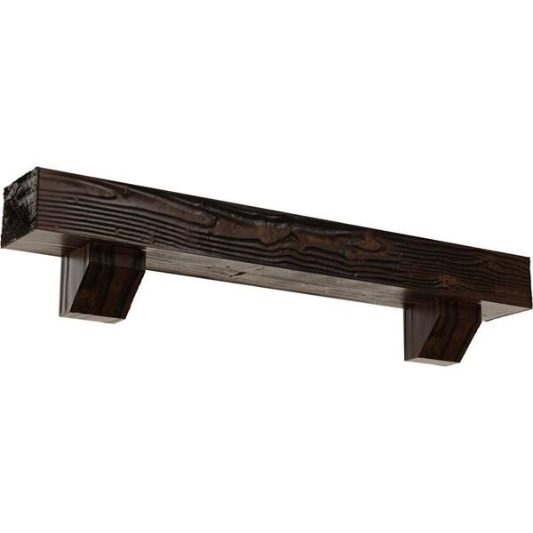 Ekena Millwork 8 in. x 8 in. x 3 ft. Sandblasted Faux Wood Fireplace Mantel Kit, Ashford Corbels, Premium Aged