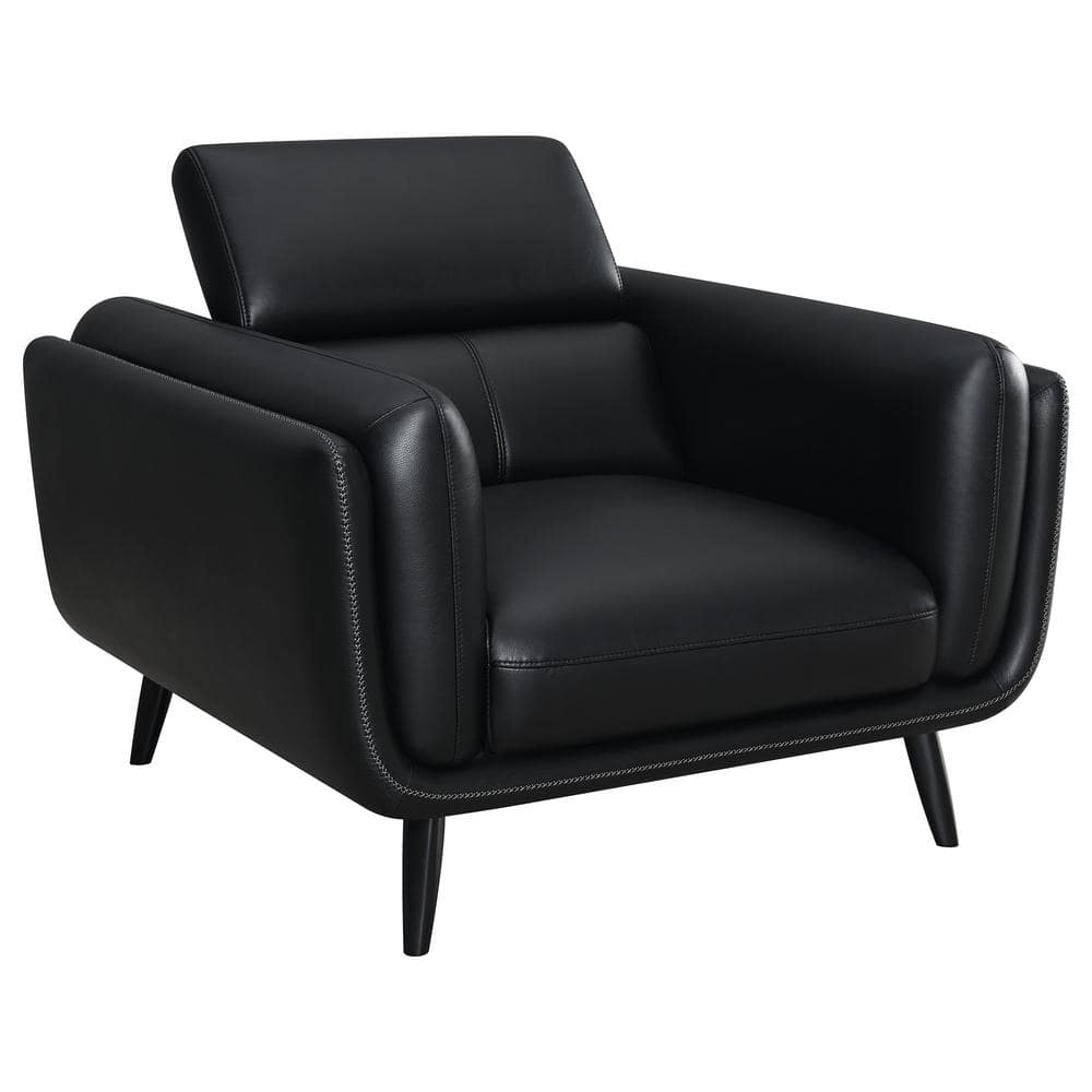Black Faux Leather Stationary Accent Chair with Wood Legs