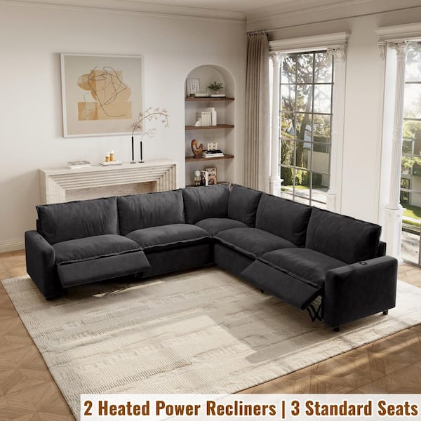 Power Recliner Couch,107 in. Square Arm 5-Piece Linen Modular Motion Sectional Sofa with Heating, USB Ports in Gary
