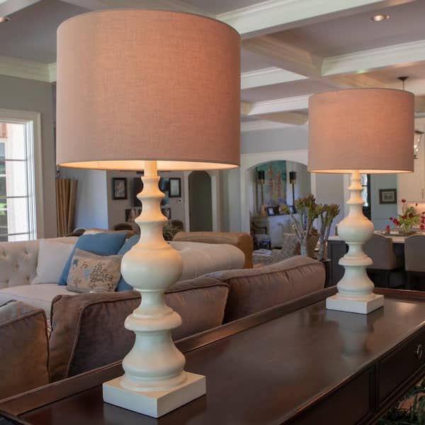 Distressed Cream Beige Table Lamps, Wooden Table Lamps For Living Room