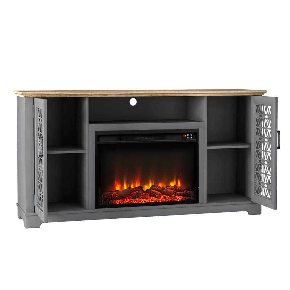 Gray Farmhouse TV Stand with Electric Fireplace and Cabinet