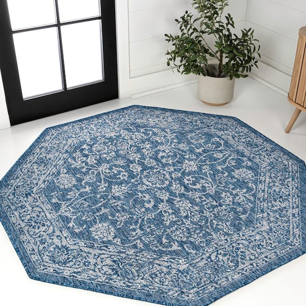 Tela Bohemian Textured Weave Floral Navy/Gray 8 ft. Octagon Indoor/Outdoor Area Rug