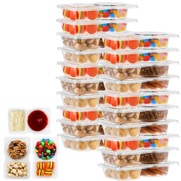 2  oz. Clear BPA-Free Plastic Double Compartment Food Storage Snack Containers w/ Lids 20-Pack Leakproof Portion Control