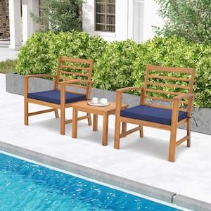 4-Piece Patio Wood Conversation Set with Soft Seat and Navy Cushions