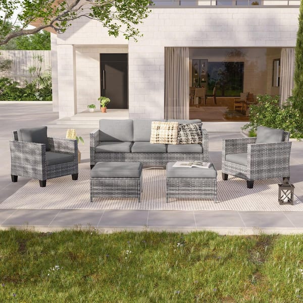 JOYESERY 5-Piece Outdoor Patio Conversation Set Widened Back and Arm Grey Rattan 3-Seat Sofa 2-Ottomans, Grey