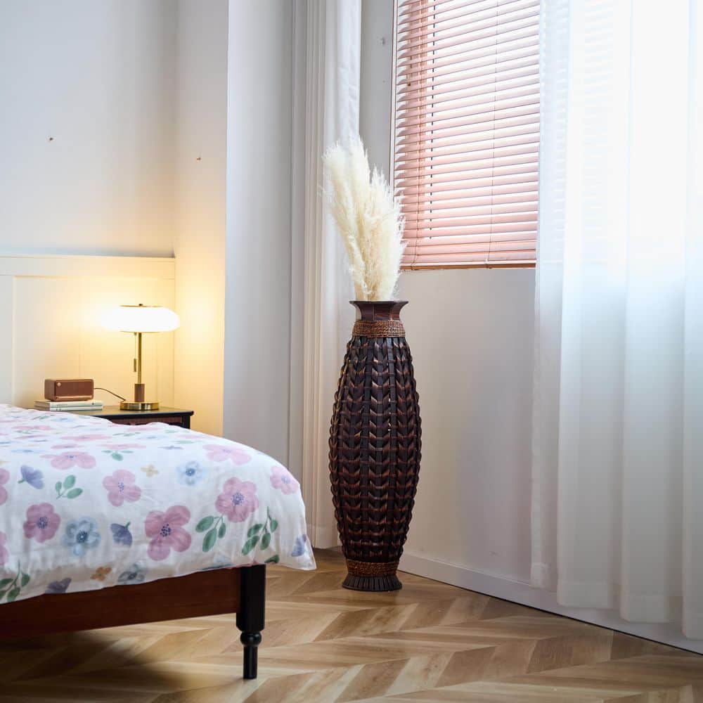 Tall Black Bamboo Floor Vase with Wicker Woven Design, 39 Inches High