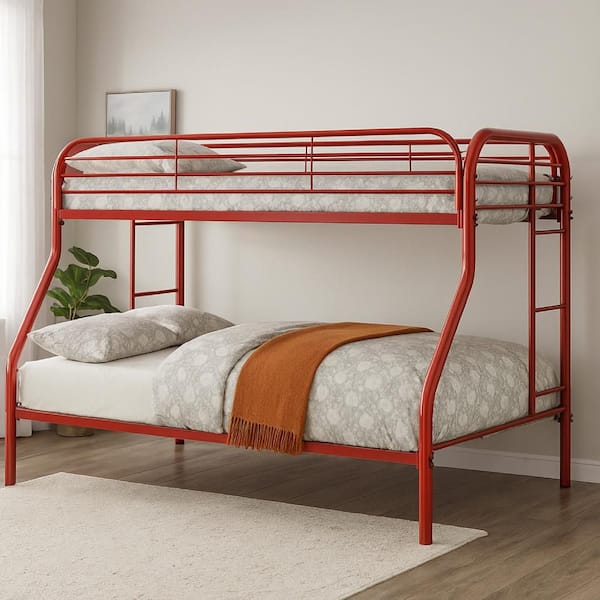 Benjara Red Twin Over Full Adjustable Bunk Bed with Attached Side Rails and Side Ladders