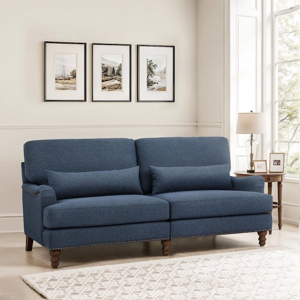 Yero 78 in. Round Arm Fabric Rectangle Mid-Century Upholstered Loveseat Solid Wood Frame Sofa with Pillow in. Dark Blue