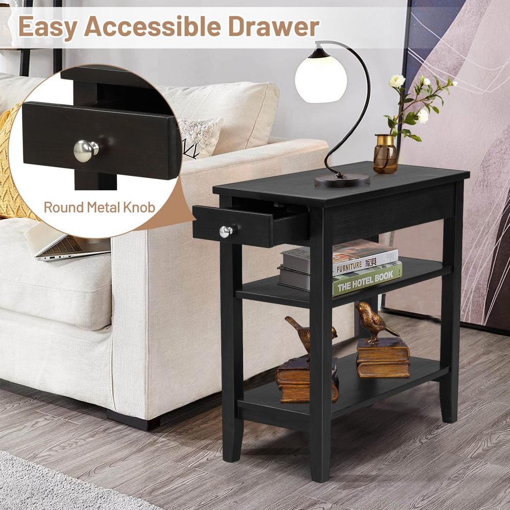 Black Wood Narrow End Table with Drawer and Shelves