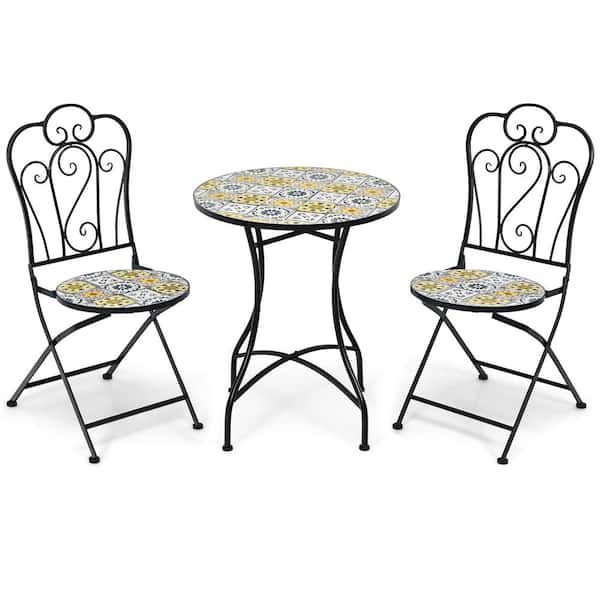 Costway 3-Pieces Metal Round 28 in. Outdoor Bistro Set Mosaic Design Folding Chairs