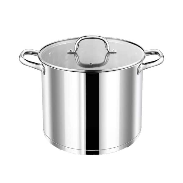 12QT Stock Pot with Lid, Stainless Steel Induction Compatible, Tri-Ply Bottom, Clear Glass Lid and Double Handle